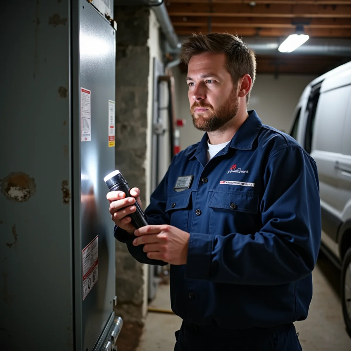 A technician evaluating an aging furnace in a NYC basement to decide between repair and replacement